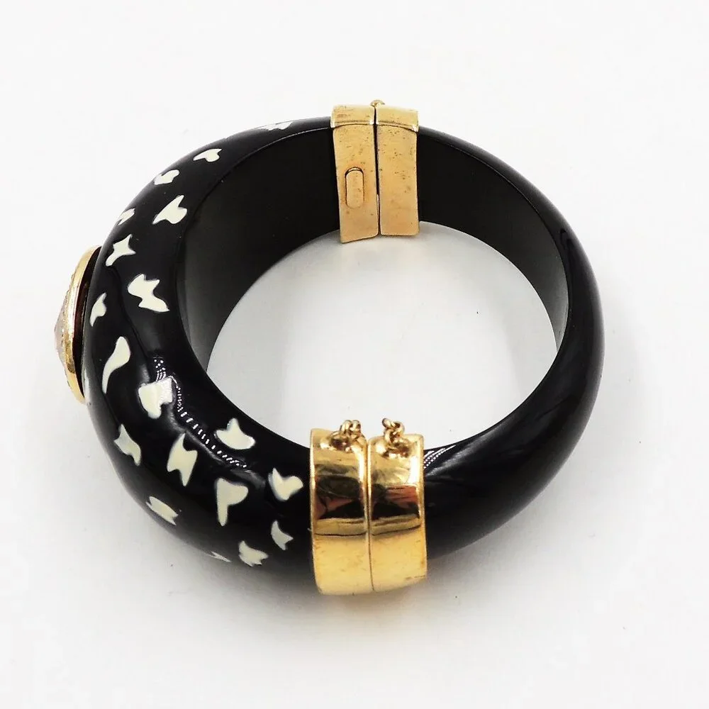 Vintage 1980s Italian Black Spotted Rhinestone Cuff Bracelet - Picture 9 of 11